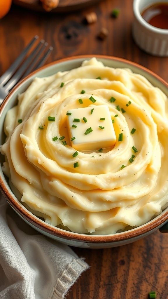 Classic Mashed Potato Recipe A bowl of creamy mashed potatoes with butter and chives on a rustic table.